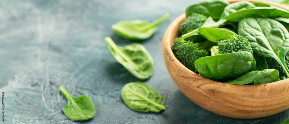 Obraz premium Fresh spinach and broccoli in a wooden bowl on a gray background. Healthy green vegetables for a nutritious diet.