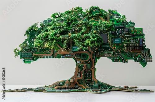 Green Circuit Board Tree Sculpture On White Surface