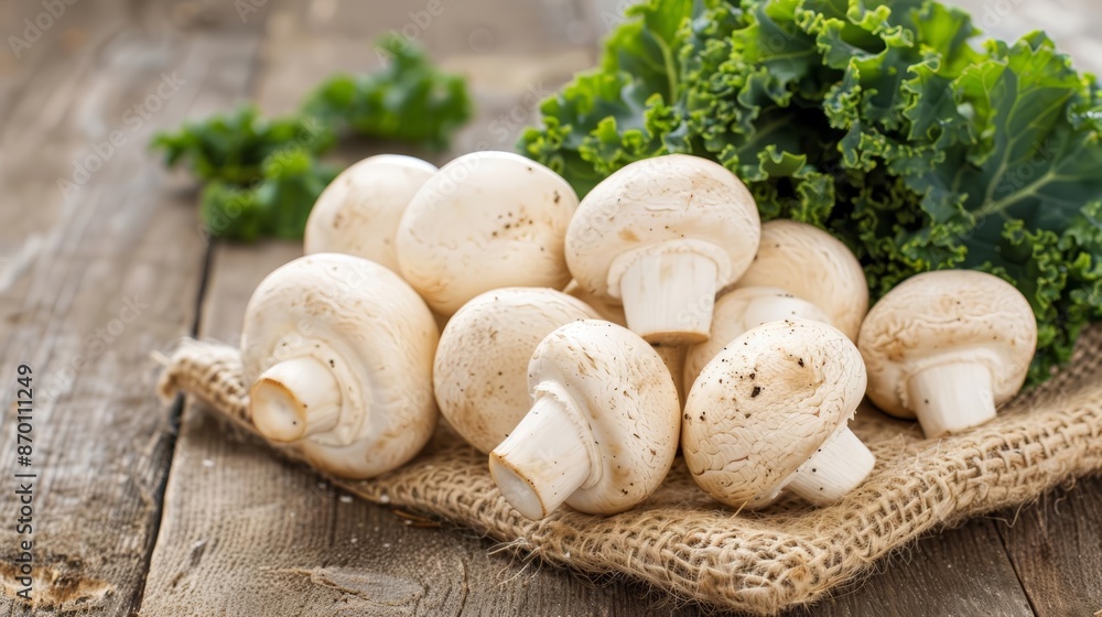 Fresh white mushrooms and green kale on a rustic wooden table, ideal for healthy eating concepts and food photography. Fresh white mushrooms and green kale on a rustic wooden table, ideal for healthy eating concepts and food photography.