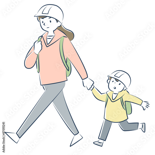 手をつないで避難する母親と男の子
