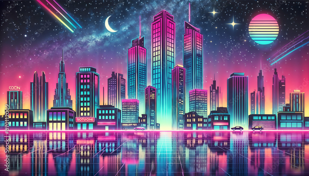 Futuristic Neon City with Starry Sky and Water Reflections in Vaporwave Style 4k Wallpaper Futuristic Neon City with Starry Sky and Water Reflections in Vaporwave Style 4k Wallpaper