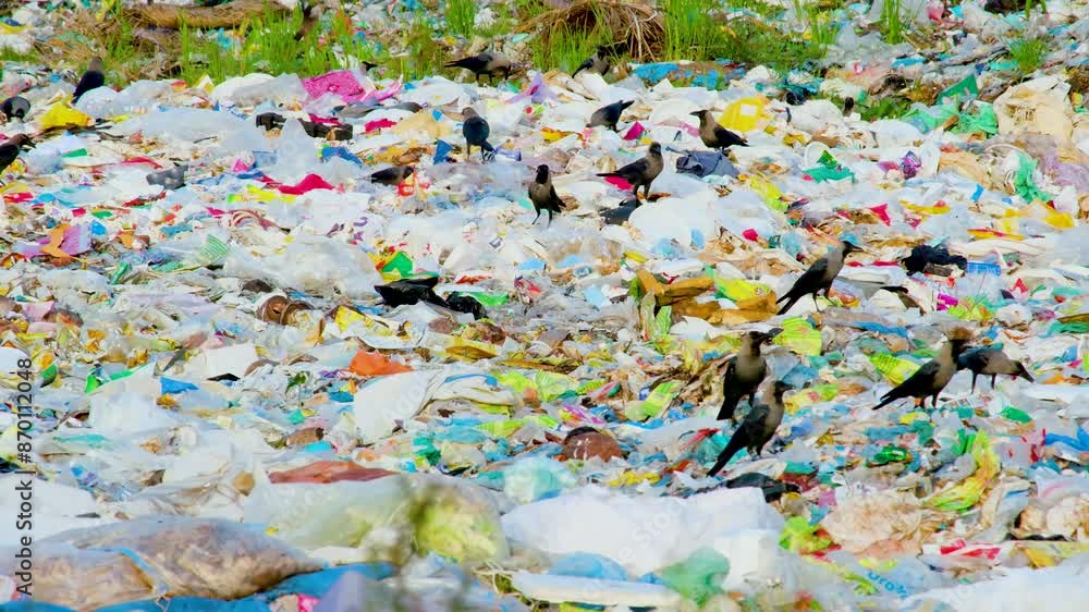 Massive pollution as crows fly over a towering heap of trash and plastic in a Bangladesh landfill. Massive pollution as crows fly over a towering heap of trash and plastic in a Bangladesh landfill.