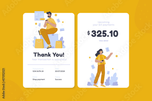 Illustration of thank you page and upcoming bill payment for financial banking on screen banner design