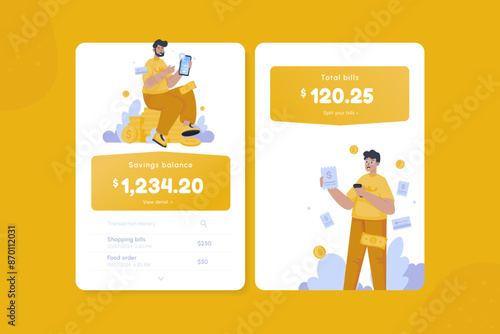 Savings balance and split bill for financial banking on mobile screen banner design
