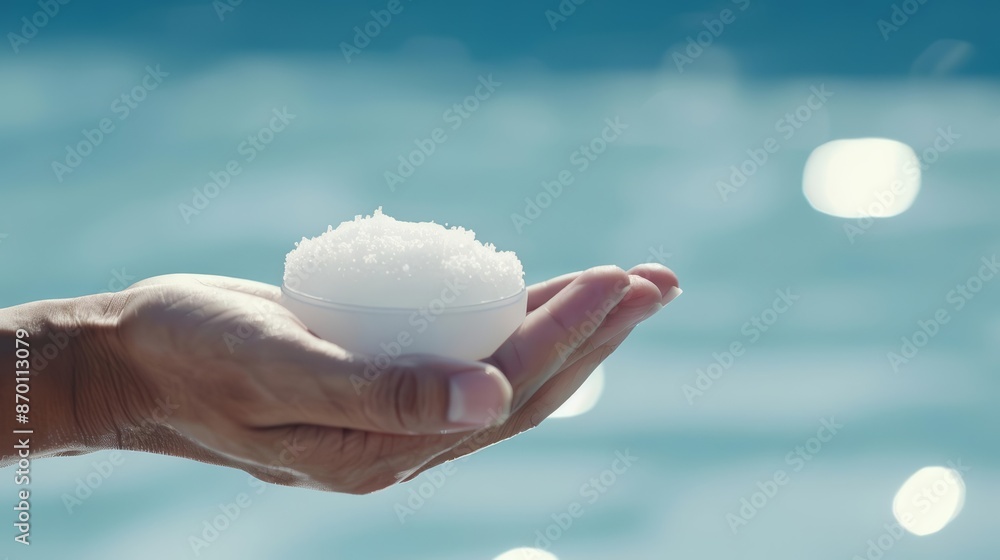 Hand holding sea salt against a blurred blue water background, evoking a sense of relaxation and wellness. Hand holding sea salt against a blurred blue water background, evoking a sense of relaxation and wellness.