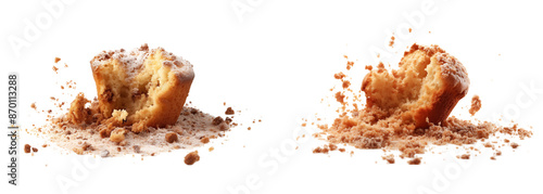 Close-up of crumbs from a crumbly muffin isolated on transparent background