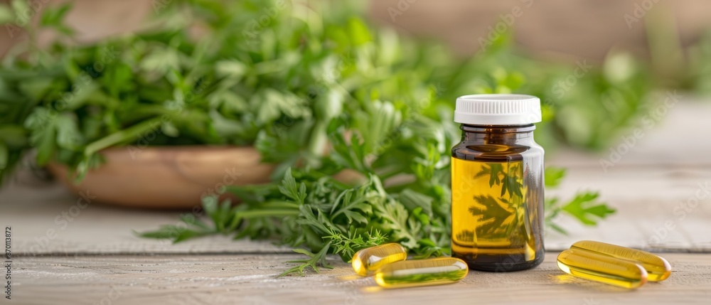 Herbal supplement oil in small glass bottle and capsules on wooden table with fresh green herbs in background. Natural health remedy concept. Herbal supplement oil in small glass bottle and capsules on wooden table with fresh green herbs in background. Natural health remedy concept.