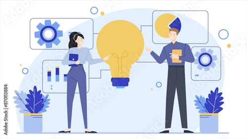 business teamwork with idea and management skills animated illustration video