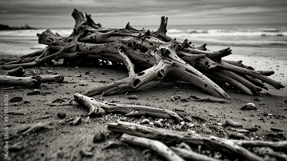 Monochrome image of driftwood on a desolate beach, with the ocean in the background. Overcast sky and weathered wood create a dramatic atmosphere. Monochrome image of driftwood on a desolate beach, with the ocean in the background. Overcast sky and weathered wood create a dramatic atmosphere.