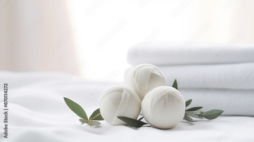 Soothing herbal compress balls wrapped in white cloth, spa therapy, isolated on white background Soothing herbal compress balls wrapped in white cloth, spa therapy, isolated on white background
