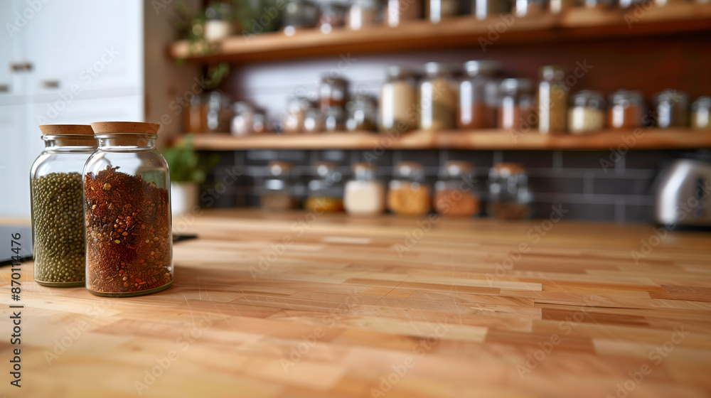 Two glass jars with mung beans and chili flakes on a wooden kitchen counter with a blurred background of shelves with jars Two glass jars with mung beans and chili flakes on a wooden kitchen counter with a blurred background of shelves with jars