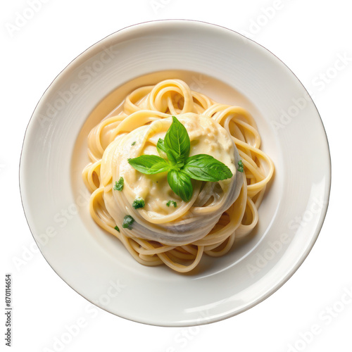 Creamy pasta on white plate top view isolated on transparent background