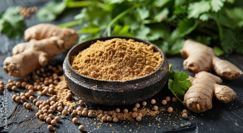 Fresh Coriander, Ground Ginger, and Coriander Seeds on a Dark Wood Surface