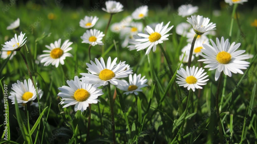 Daisies dot the meadow, their simple white petals and yellow centers a cheerful reminder of nature's simplicity. Daisies dot the meadow, their simple white petals and yellow centers a cheerful reminder of nature's simplicity.
