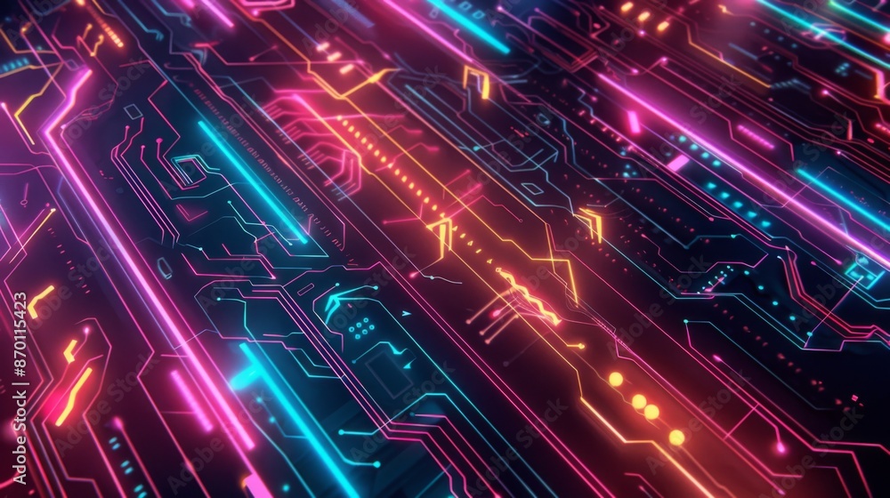 Futuristic Neon Pathways in High-Tech Digital Circuits - Abstract Technological Background with Intricate Design Futuristic Neon Pathways in High-Tech Digital Circuits - Abstract Technological Background with Intricate Design