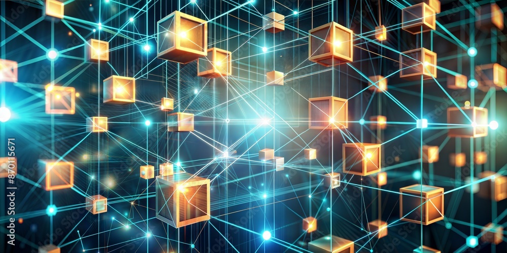 Develop a concept image of blockchain technology, showcasing a network of interconnected nodes and digital transactions represented by glowing data blocks, symbolizing security and transparency Develop a concept image of blockchain technology, showcasing a network of interconnected nodes and digital transactions represented by glowing data blocks, symbolizing security and transparency