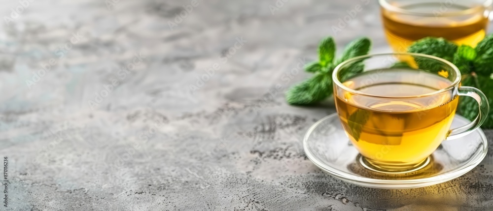 Refreshing cups of herbal tea with mint leaves on a rustic grey background, perfect for relaxation and wellness themes. Refreshing cups of herbal tea with mint leaves on a rustic grey background, perfect for relaxation and wellness themes.