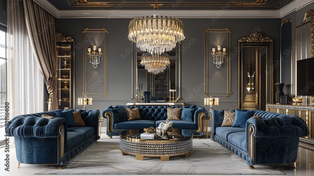 Luxurious living room interior design with blue and gold accents ...