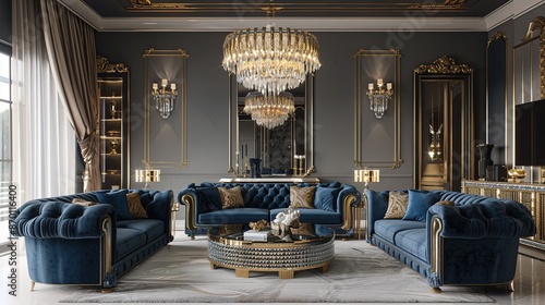 Luxurious living room interior design with blue and gold accents, featuring a French style sofa set, grey wall panels with white baseboards, crystal chandelier, curtains, and a stylish rug.