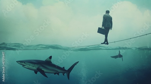 A businessman walks on a tightrope over a sea with sharks swimming below.