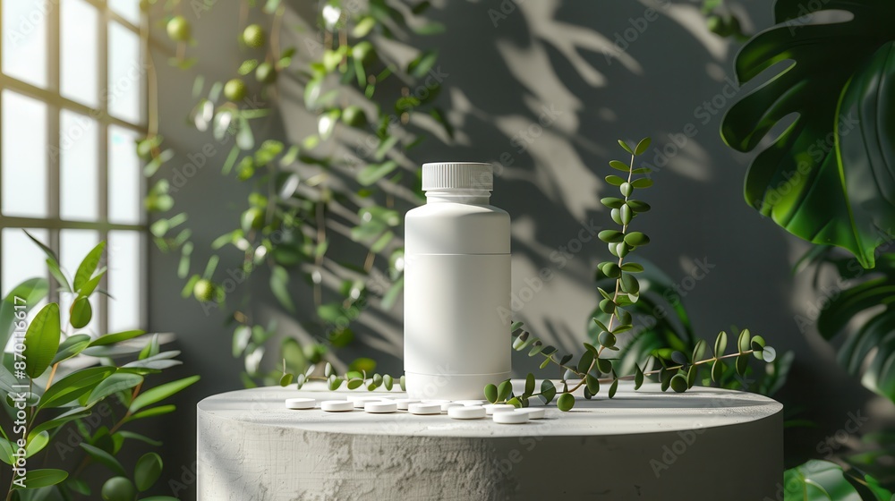 Photorealistic mockup of a white opaque pills bottle on a podium, single light source, vegetal elements background, illustration background Photorealistic mockup of a white opaque pills bottle on a podium, single light source, vegetal elements background, illustration background