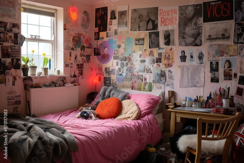 Room of a teenage girl with scattered clothes and things. The concept of a mess, general cleaning