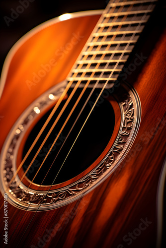 Artistry and Craftsmanship: A Superb Close-up of An Acoustic Guitar photo