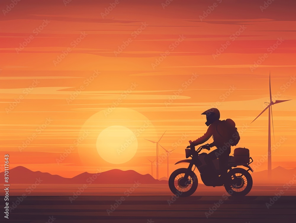 Silhouette of a motorcyclist riding through a scenic desert at sunset with wind turbines in the background, symbolizing adventure and freedom. Silhouette of a motorcyclist riding through a scenic desert at sunset with wind turbines in the background, symbolizing adventure and freedom.