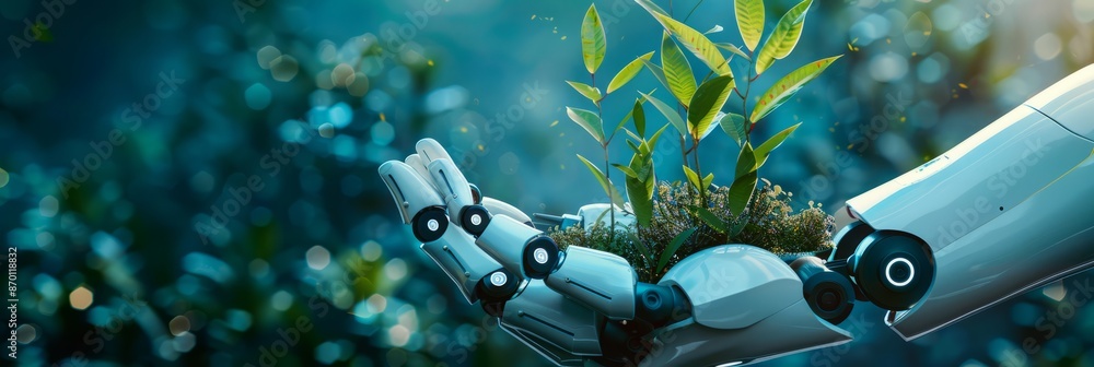 Environmental technology concept, Robot hand holding small plants ...