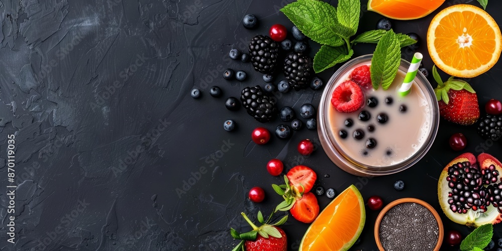 Top view of a colorful smoothie bowl surrounded by fresh fruits and berries on a dark background. Top view of a colorful smoothie bowl surrounded by fresh fruits and berries on a dark background.