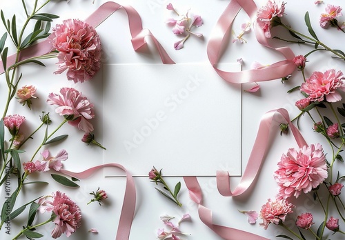 Blank Card Decorated With Pink Flowers and Ribbon