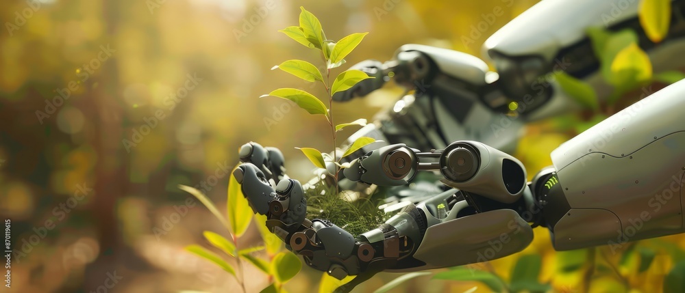 Environmental technology concept, Robot hand holding small plants ...