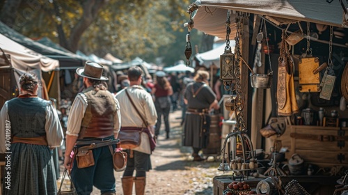 A Renaissance fair with vendors selling modern gadgets disguised as ancient artifacts. Style: Fantasy