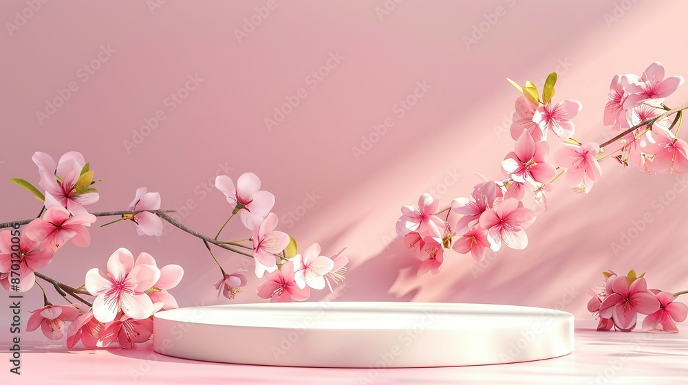 3D Pink Podium with Spring Flowers: Beauty Product Showcase 3D Pink Podium with Spring Flowers: Beauty Product Showcase