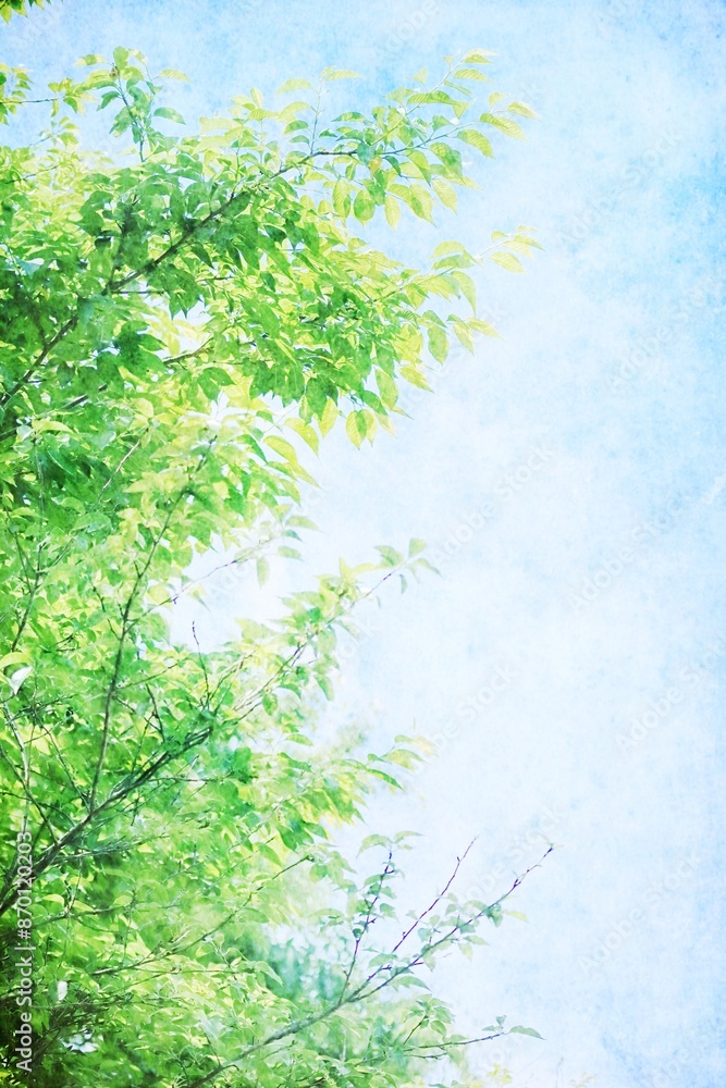 Obraz premium 空と緑の水彩画風の新緑背景 縦