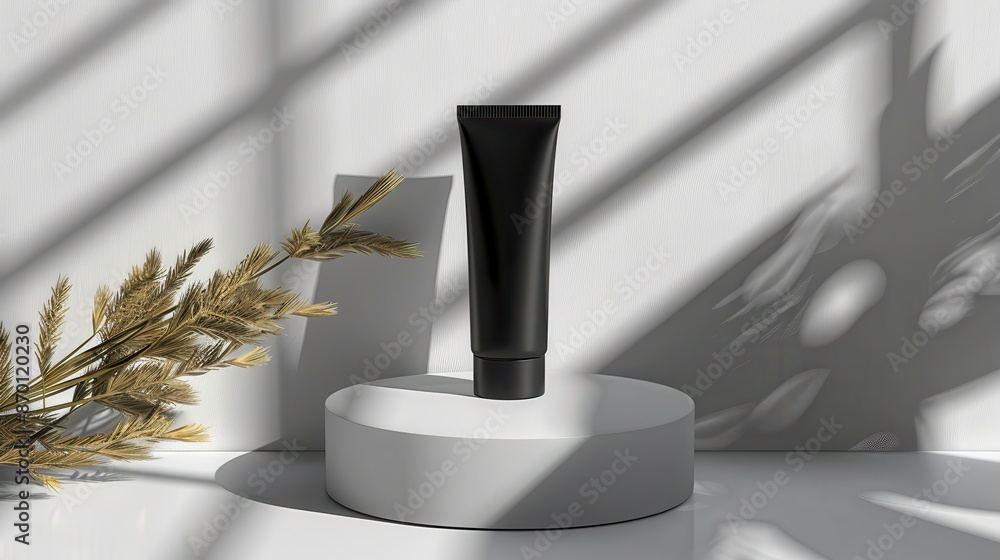 Black cosmetic tube on minimalist podium with shadow, simple aesthetic, white background, illustration background Black cosmetic tube on minimalist podium with shadow, simple aesthetic, white background, illustration background