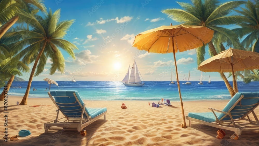 Summer Background Tranquil Beach Scene with Palm Trees and Sailboats Under a Clear Sky Summer Background Tranquil Beach Scene with Palm Trees and Sailboats Under a Clear Sky
