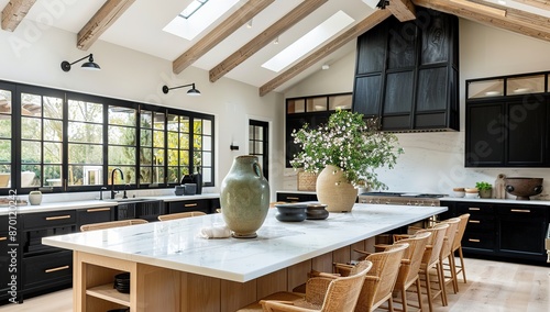 Modern farmhouse kitchen with large island, white oak ceiling beams and skylights, featuring black cabinets and wall-mounted black stovetop and oven.
