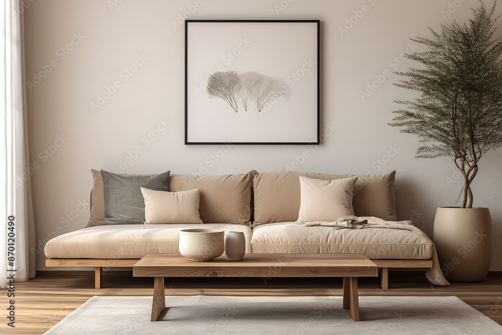 Creative composition of meditation living room interior with beige sofa, pillow, coffee table , decoration, ladder and personal accessories. Boho home decor. Template Creative composition of meditation living room interior with beige sofa, pillow, coffee table , decoration, ladder and personal accessories. Boho home decor. Template