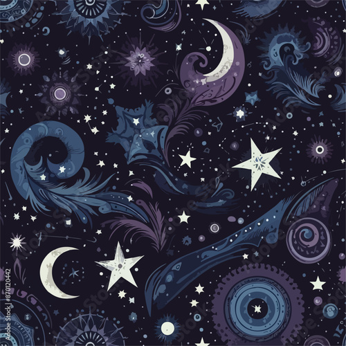  Vibrant Celestial Pattern – Moons, Stars, and Cosmic Elements