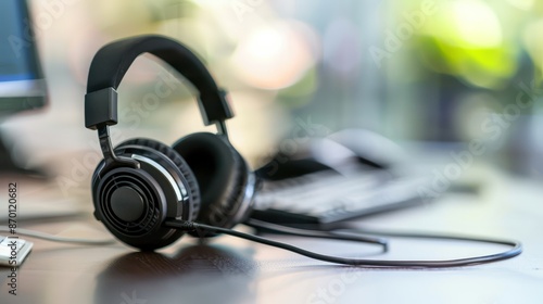 Close-up of call center headset on desk with microphone and controls.  © Borin