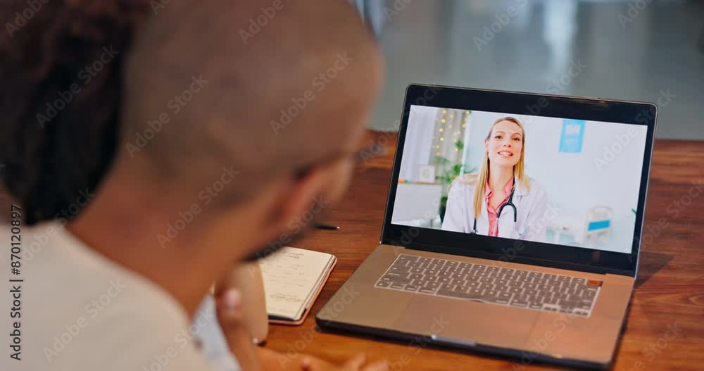 Kid, family and video call with doctor for telehealth, support and virtual consultation at home on laptop screen. Person or parent with back and hello to pediatrician for healthcare or medical advice Kid, family and video call with doctor for telehealth, support and virtual consultation at home on laptop screen. Person or parent with back and hello to pediatrician for healthcare or medical advice