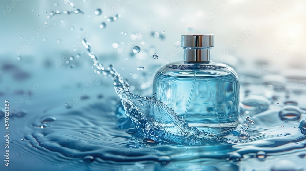 Perfume bottle on water surface with spray, bubbles, minimalism, product display, light blue gradient, 8k, illustration background Perfume bottle on water surface with spray, bubbles, minimalism, product display, light blue gradient, 8k, illustration background