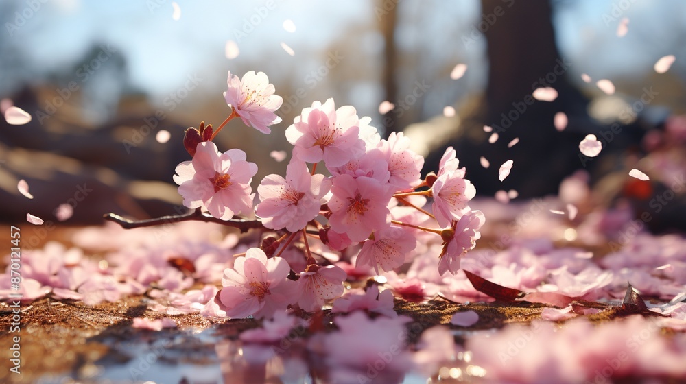 Fototapeta premium a cherry blossom garden nature background with petals falling in the breeze.
