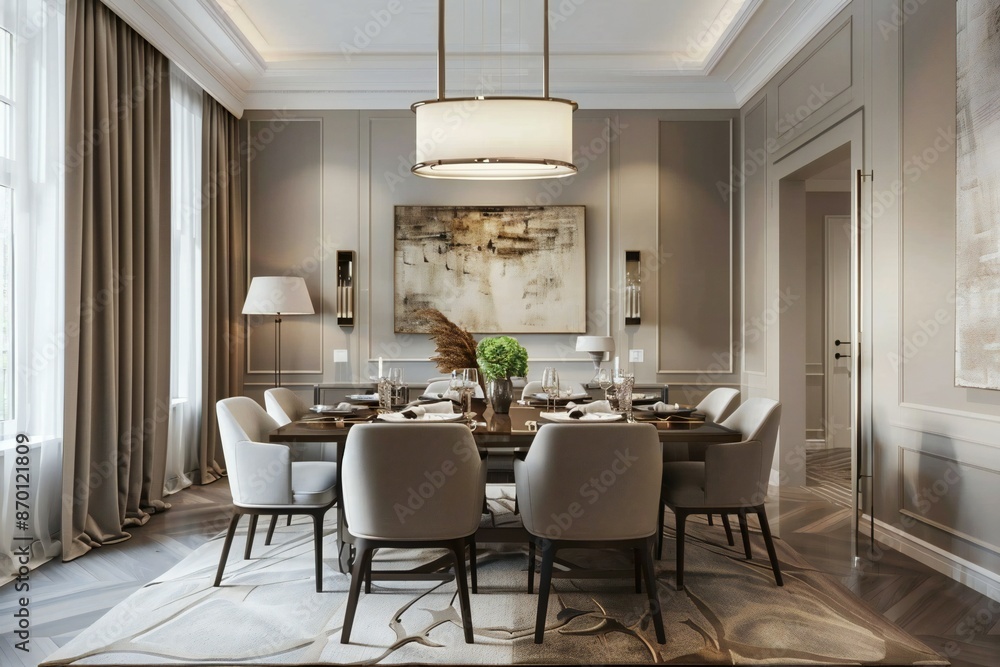Dining room in an apartment in transitional style with neutral tones , created by ai Dining room in an apartment in transitional style with neutral tones , created by ai