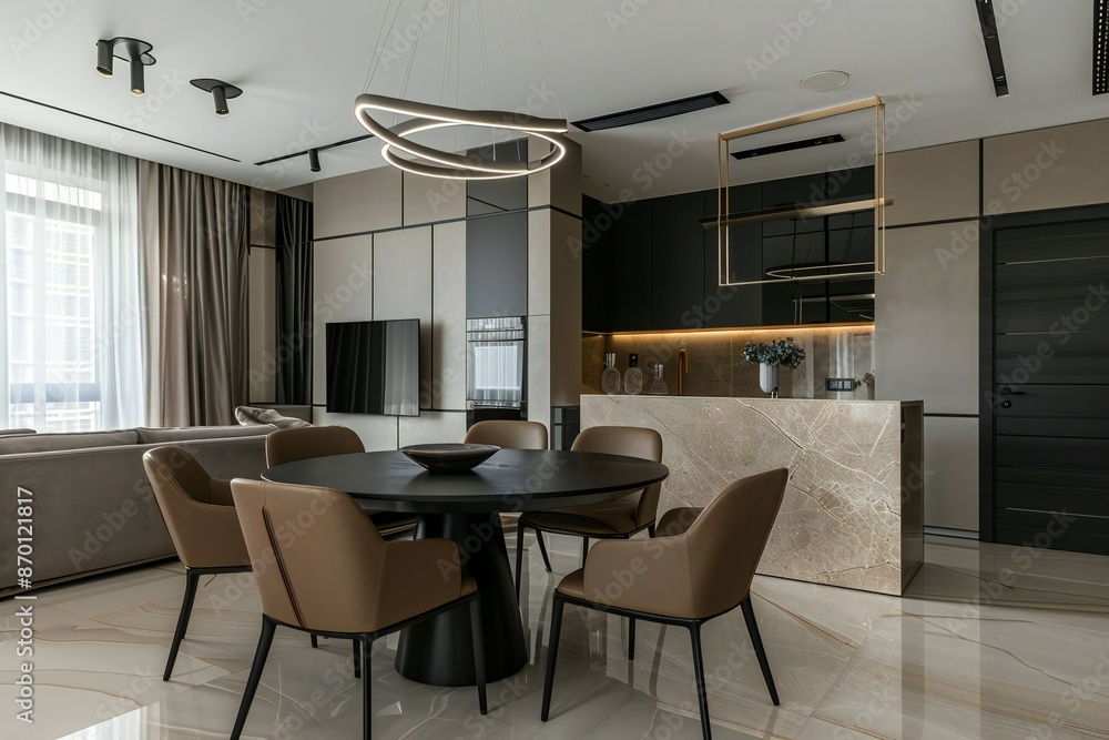 Dining room in an apartment in modern style with beige tones , created by ai Dining room in an apartment in modern style with beige tones , created by ai