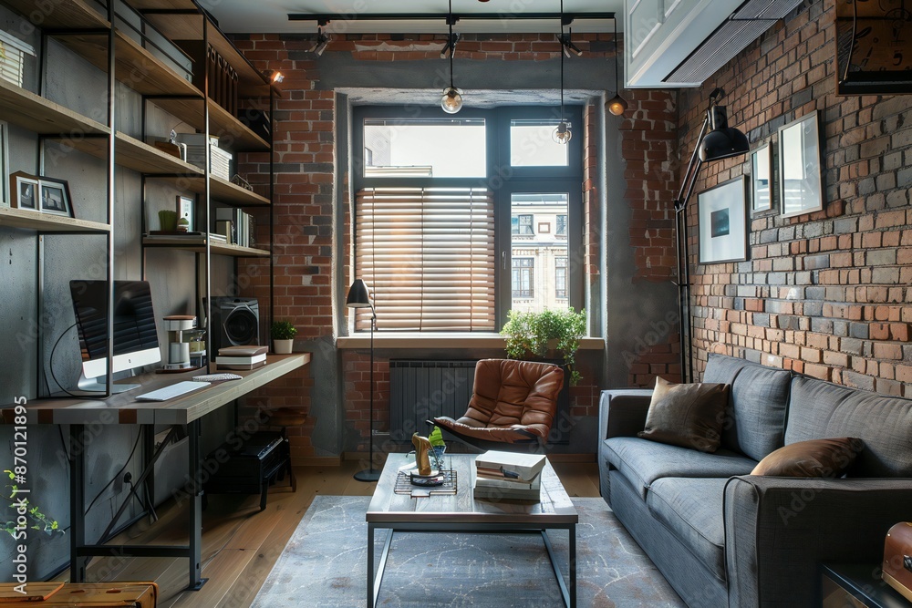 Home office in an apartment in loft style with gray tones, created by ai Home office in an apartment in loft style with gray tones, created by ai