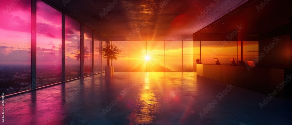 Modern Office Interior with Panoramic City View at Sunset, Featuring Vibrant Colors and Reflective Surfaces Modern Office Interior with Panoramic City View at Sunset, Featuring Vibrant Colors and Reflective Surfaces