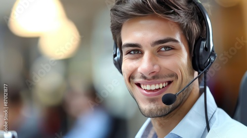 Young call center worker smiling while assisting customer. 