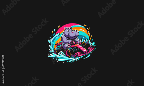 character hippo riding car racing vector flat design